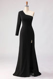 Sheath One Shoulder Sweep Train Black Bridesmaid Dress with Slit-Pgmdress