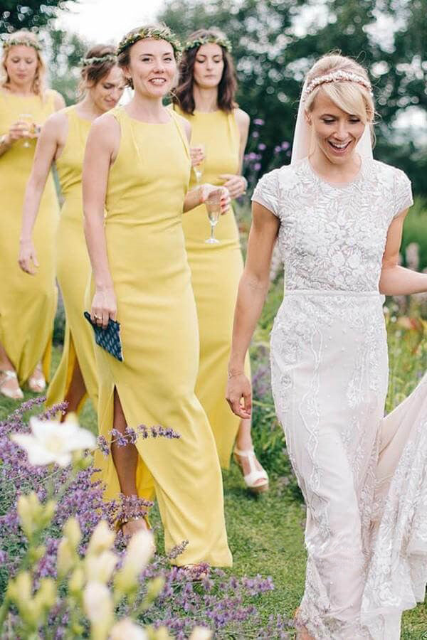 Sheath Open Back Floor-Length Yellow Bridesmaid Dress with Split-Pgmdress