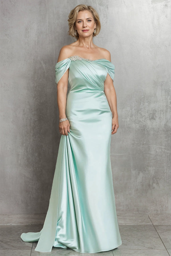Sheath Satin Off the Shoulder Mint Long Mother of the Bride Dress-Pgmdress