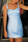 Sheath Satin V Neck Short Pink Homecoming Dress with Flower Straps-Pgmdress