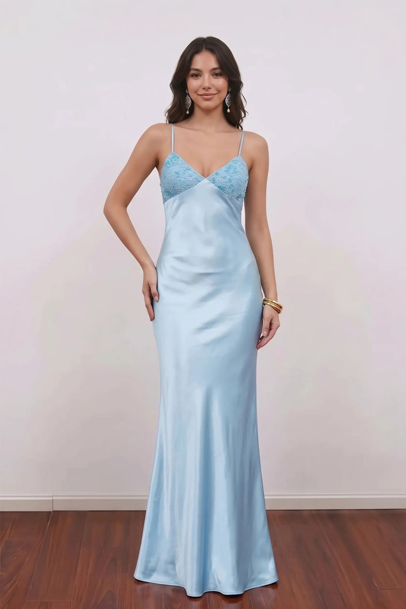 Sheath Spaghetti Straps Light Blue Long Satin Prom Dress Formal Dress-Pgmdress