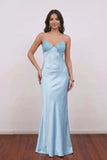 Sheath Spaghetti Straps Light Blue Long Satin Prom Dress Formal Dress-Pgmdress