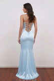 Sheath Spaghetti Straps Light Blue Long Satin Prom Dress Formal Dress-Pgmdress