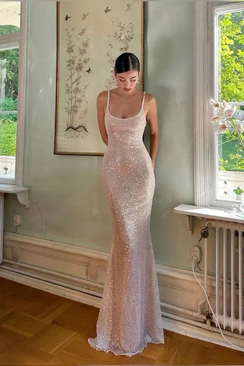 Sheath Spaghetti Straps Silver Sequins Long Prom Dress With Back Slit-Pgmdress