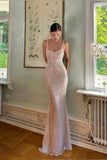 Sheath Spaghetti Straps Silver Sequins Long Prom Dress With Back Slit-Pgmdress