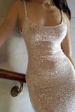Sheath Spaghetti Straps Silver Sequins Long Prom Dress With Back Slit-Pgmdress