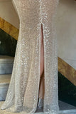 Sheath Spaghetti Straps Silver Sequins Long Prom Dress With Back Slit-Pgmdress