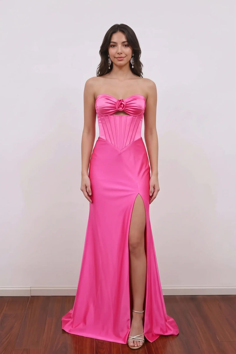 Sheath Sweetheart Fuchsia Corset Long Prom Dress with Slit-Pgmdress
