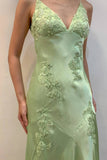 Sheath V-Neck Appliques Satin Green Prom Dress With Open Back-Pgmdress