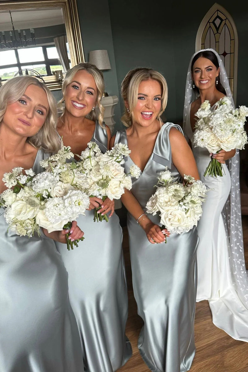 Sheath V Neck Silver Long Bridesmaid Dress With Bowknot-Pgmdress