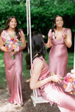 Sheath V Neck Silver Long Bridesmaid Dress With Bowknot-Pgmdress