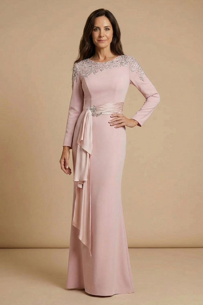 Sheath Blush Long Lace Mother Of The Bride Dress with Sleeves-Pgmdress