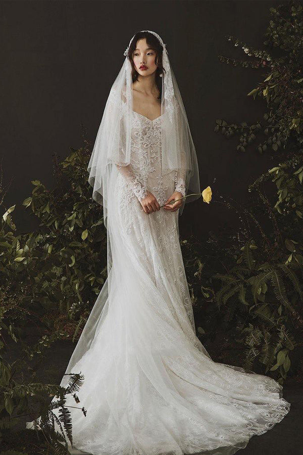 Sheath Long Sleeves Wedding Dress Lace Boho Wedding Gown WD766-Pgmdress