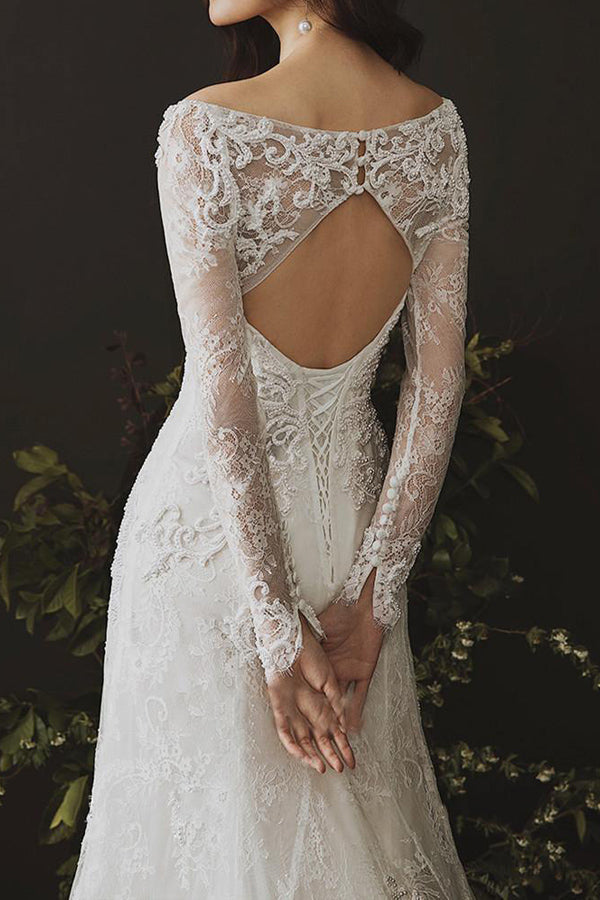 Sheath Long Sleeves Wedding Dress Lace Boho Wedding Gown WD766-Pgmdress