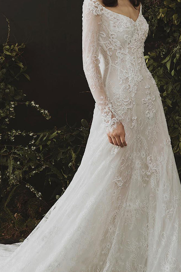 Sheath Long Sleeves Wedding Dress Lace Boho Wedding Gown WD766-Pgmdress