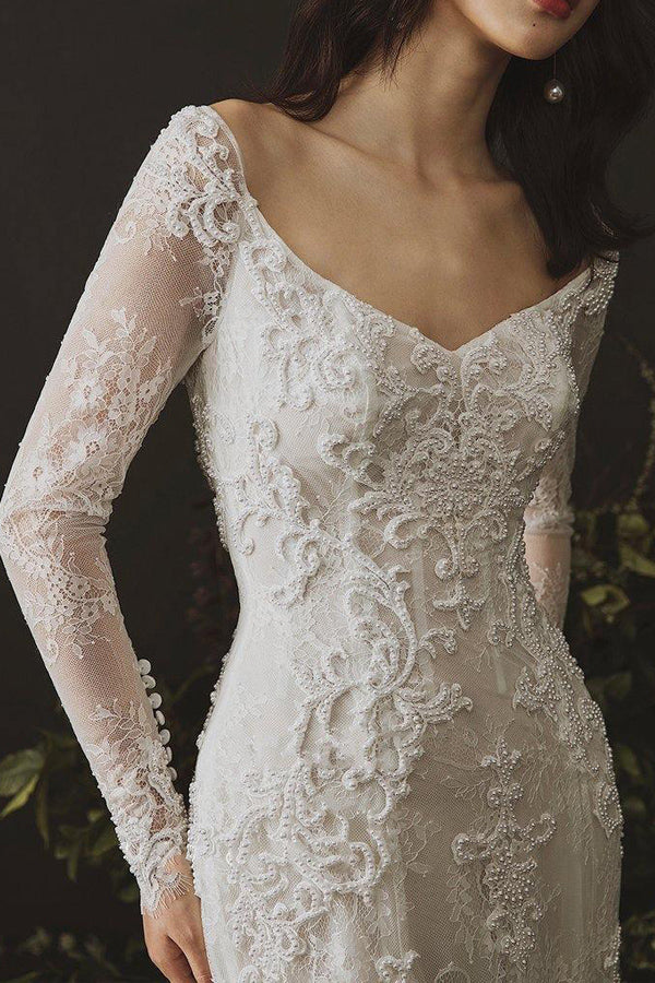Sheath Long Sleeves Wedding Dress Lace Boho Wedding Gown WD766-Pgmdress