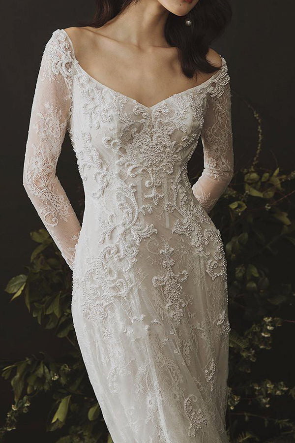 Sheath Long Sleeves Wedding Dress Lace Boho Wedding Gown WD766-Pgmdress
