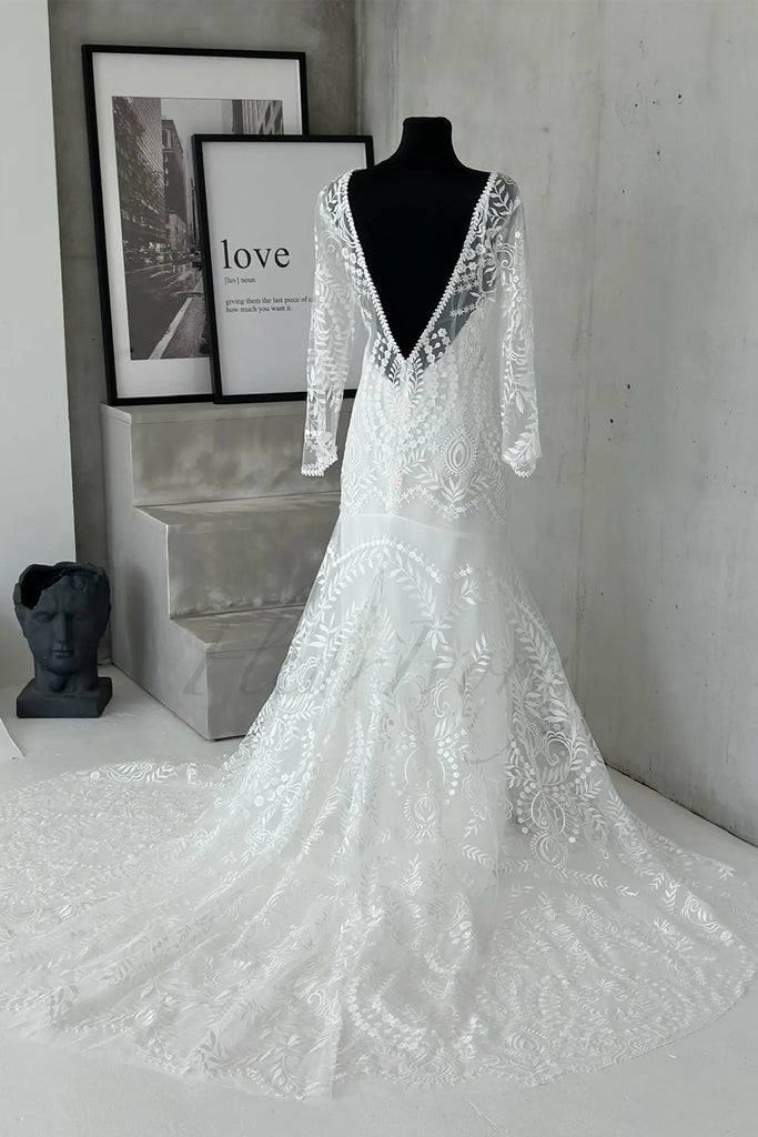 Sheath Unique Lace Long Sleeves Bohemian Wedding Dress WD752