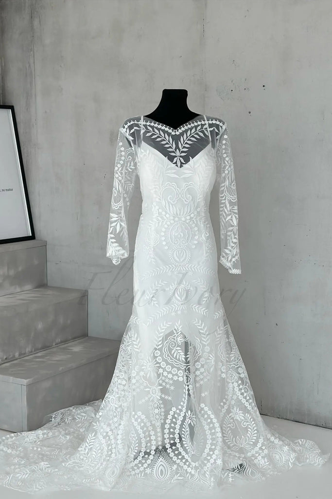 Sheath Unique Lace Long Sleeves Bohemian Wedding Dress WD752