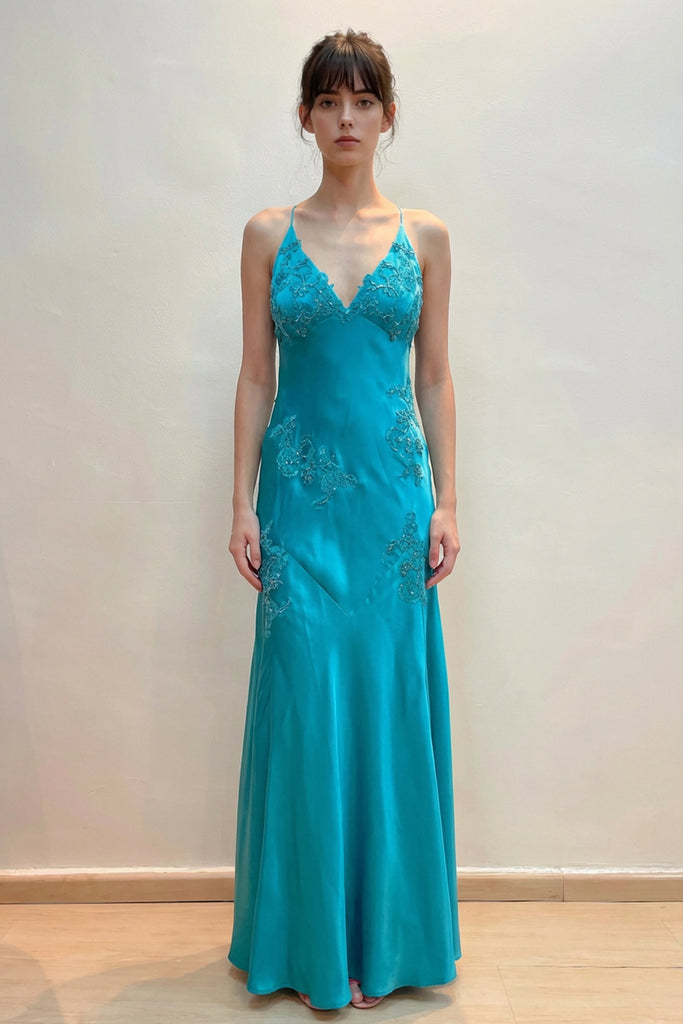 Sheath V-Neck Appliques Satin Green Prom Dress With Open Back-Pgmdress
