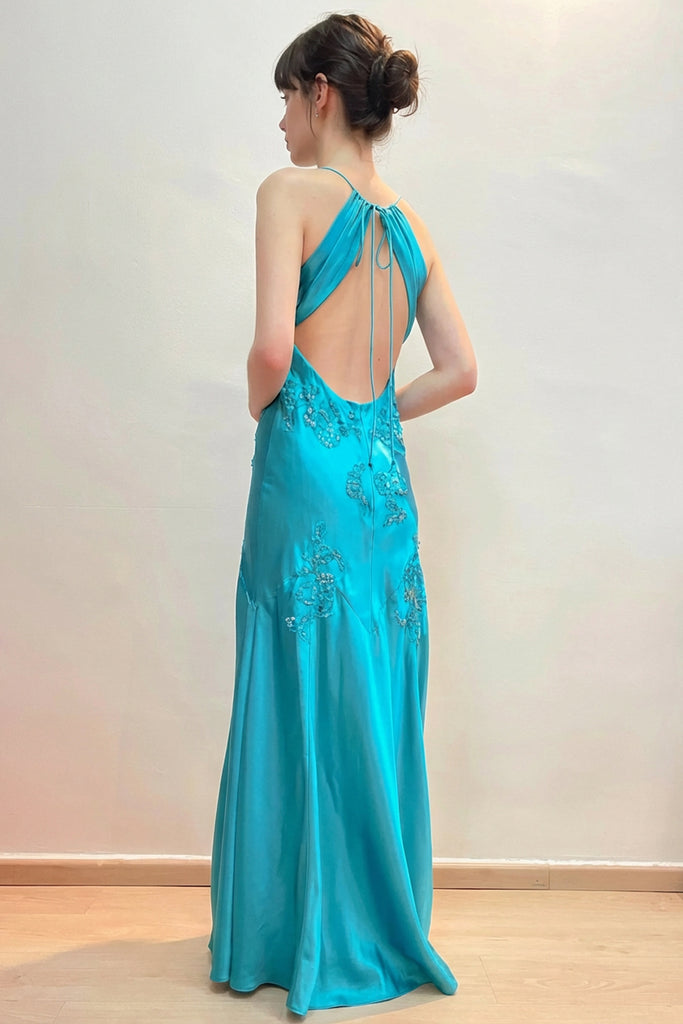 Sheath V-Neck Appliques Satin Green Prom Dress With Open Back-Pgmdress