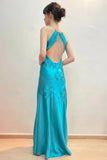 Sheath V-Neck Appliques Satin Green Prom Dress With Open Back-Pgmdress