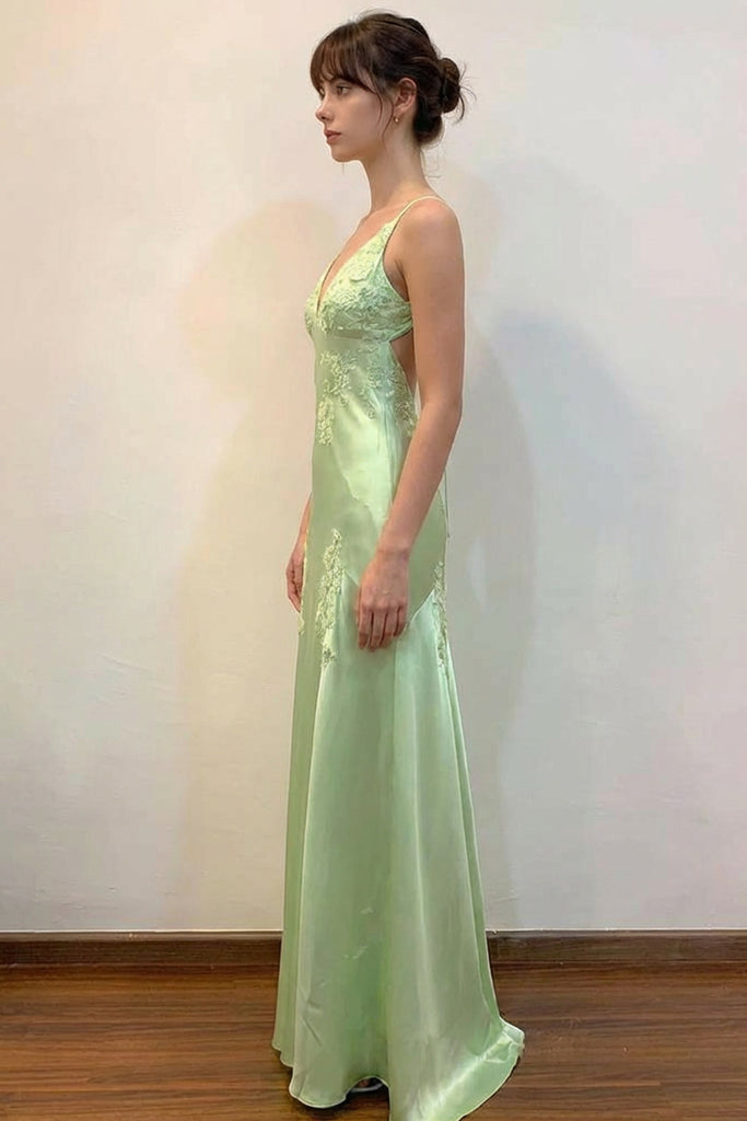 Sheath V-Neck Appliques Satin Green Prom Dress With Open Back-Pgmdress