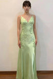 Sheath V-Neck Appliques Satin Green Prom Dress With Open Back-Pgmdress