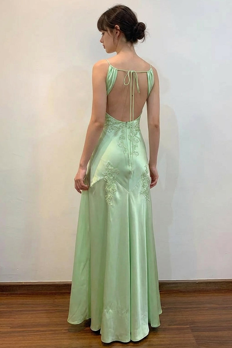 Sheath V-Neck Appliques Satin Green Prom Dress With Open Back-Pgmdress