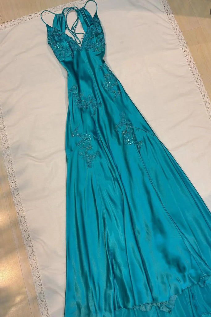 Sheath V-Neck Appliques Satin Green Prom Dress With Open Back