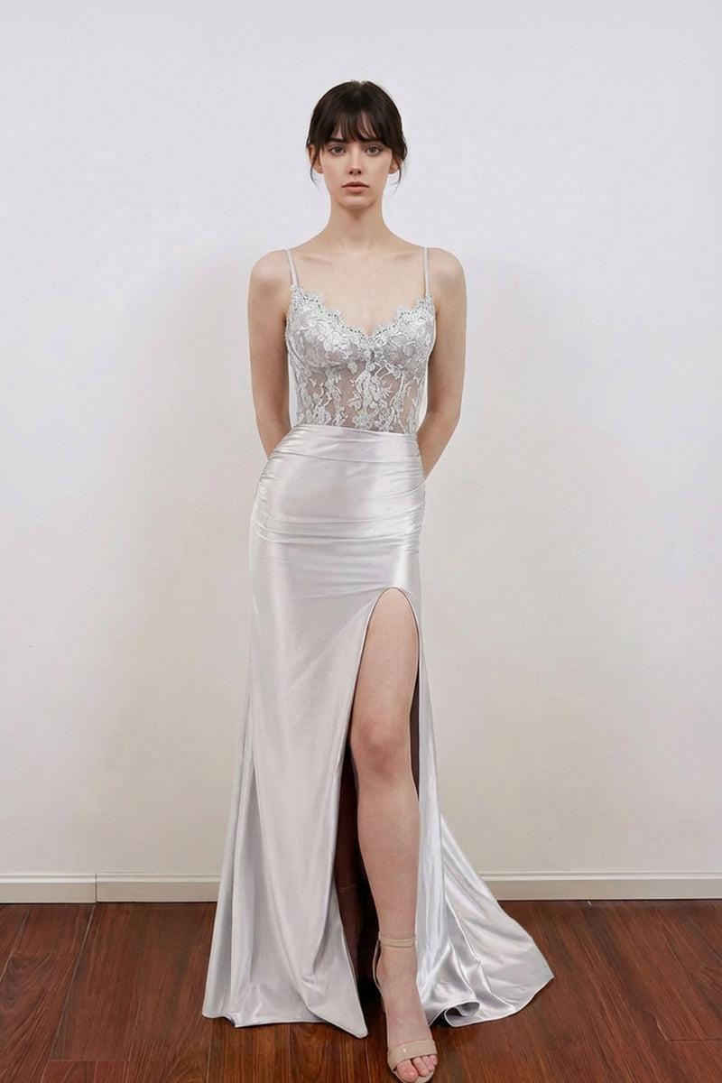 Sheer Empire Lace Satin Mermaid Silver Prom Dress Party Dress-Pgmdress