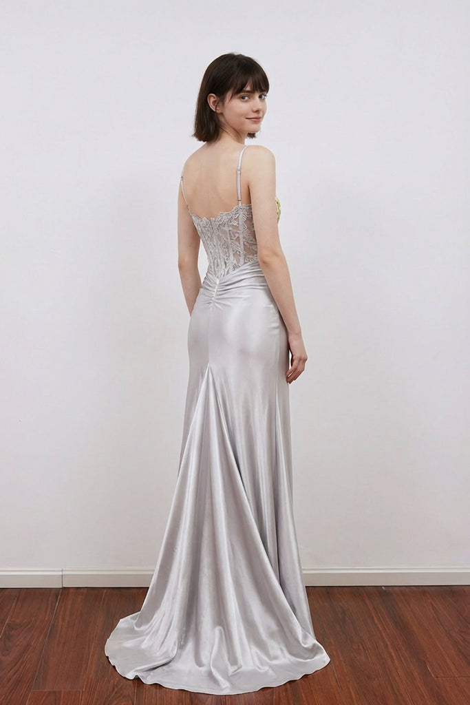 Sheer Empire Lace Satin Mermaid Silver Prom Dress Party Dress Pgmdress Sheer Empire Lace Satin Mermaid Silver Prom Dress Party Dress Pgmdress