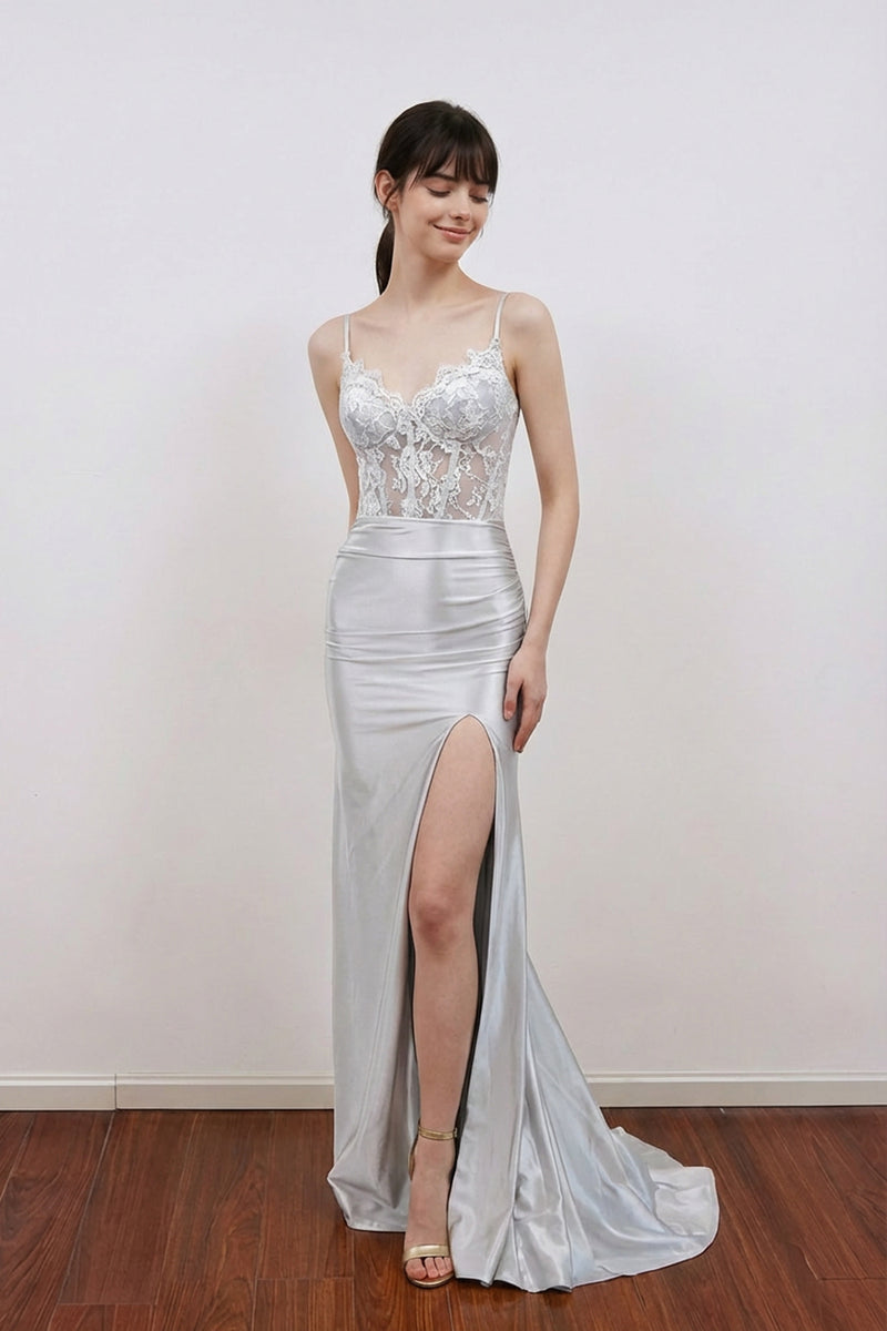 Sheer Empire Lace Satin Mermaid Silver Prom Dress Party Dress-Pgmdress