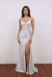 Sheer Empire Lace Satin Mermaid Split Silver Prom Dress Formal Dress-Pgmdress
