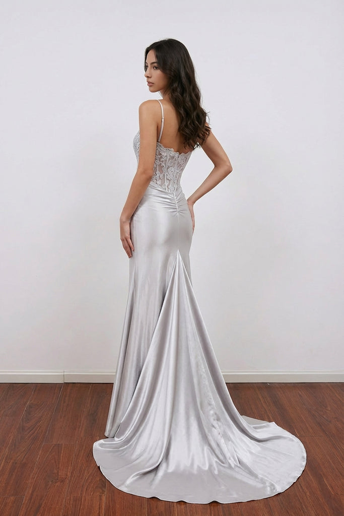 Sheer Empire Lace Satin Mermaid Split Silver Prom Dress Formal Dress Pgmdress Sheer Empire Lace Satin Mermaid Split Silver Prom Dress Formal Dress Pgmdress