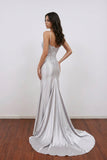 Sheer Empire Lace Satin Mermaid Split Silver Prom Dress Formal Dress-Pgmdress