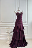 Shimmering Plum Spaghetti Strap Beaded Tiered Ruffle Formal Prom Dress-Pgmdress