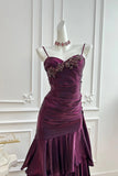 Shimmering Plum Spaghetti Strap Beaded Tiered Ruffle Formal Prom Dress-Pgmdress