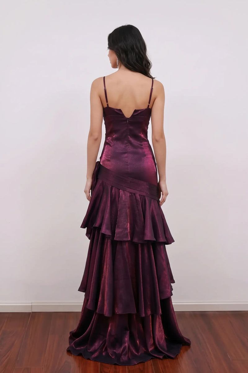 Shimmering Plum Spaghetti Strap Beaded Tiered Ruffle Formal Prom Dress-Pgmdress