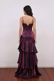 Shimmering Plum Spaghetti Strap Beaded Tiered Ruffle Formal Prom Dress-Pgmdress