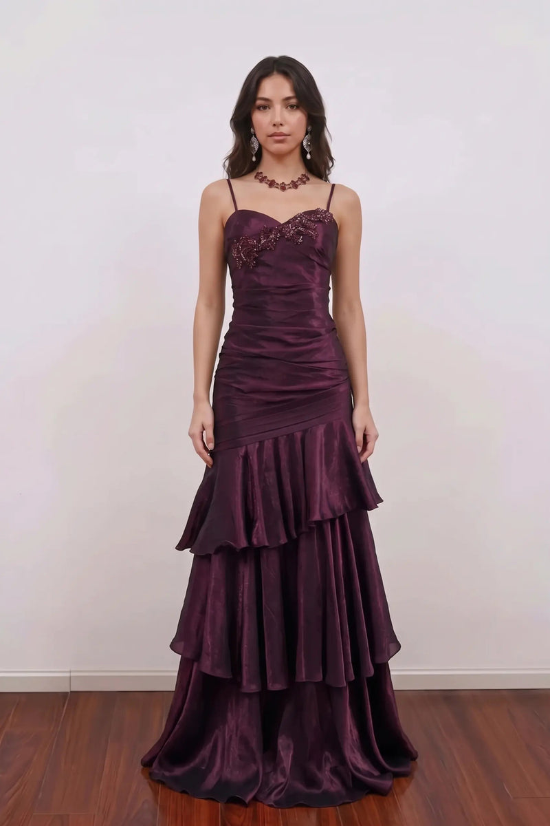 Shimmering Plum Spaghetti Strap Beaded Tiered Ruffle Formal Prom Dress-Pgmdress