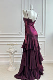 Shimmering Plum Spaghetti Strap Beaded Tiered Ruffle Formal Prom Dress