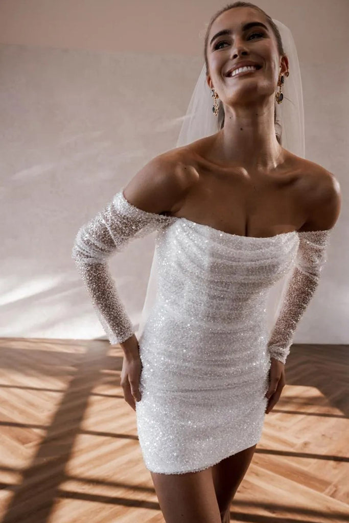 short wedding dress sexy Sexy Summer Wedding Dress - Short Wedding Party Dress and Open Back - Sequin and Feather Dress Plus Size
