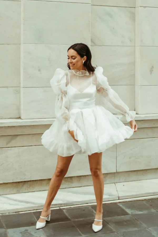 short wedding dress with long sleeves Long Sleeves Wedding Dress with Detachable Train Latest Short Lace Bridal Gown