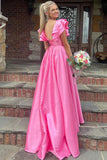 Silky Satin V Neck Ruffles Hot Pink Prom Dresses Formal Dresses PSK542-Pgmdress