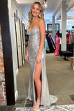 Silver Beaded Sweetheart Mermaid Long Prom Dress with Slit PSK461-Pgmdress