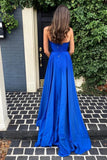 Simple A Line Deep V Neck Royal Blue Long Prom Dress with Split PSK466