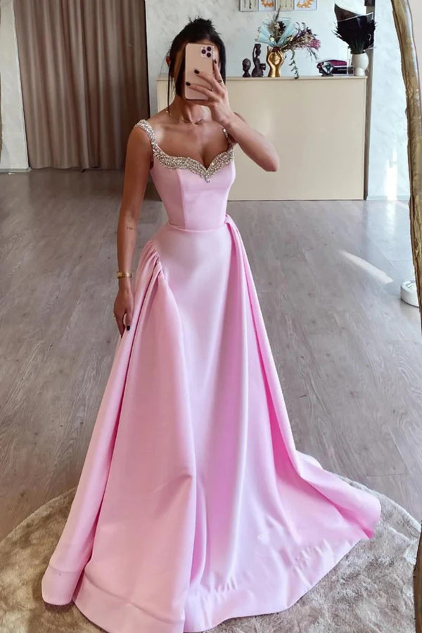 Simple A Line Pink Satin Long Prom Dresses with Beadings PSK562-Pgmdress