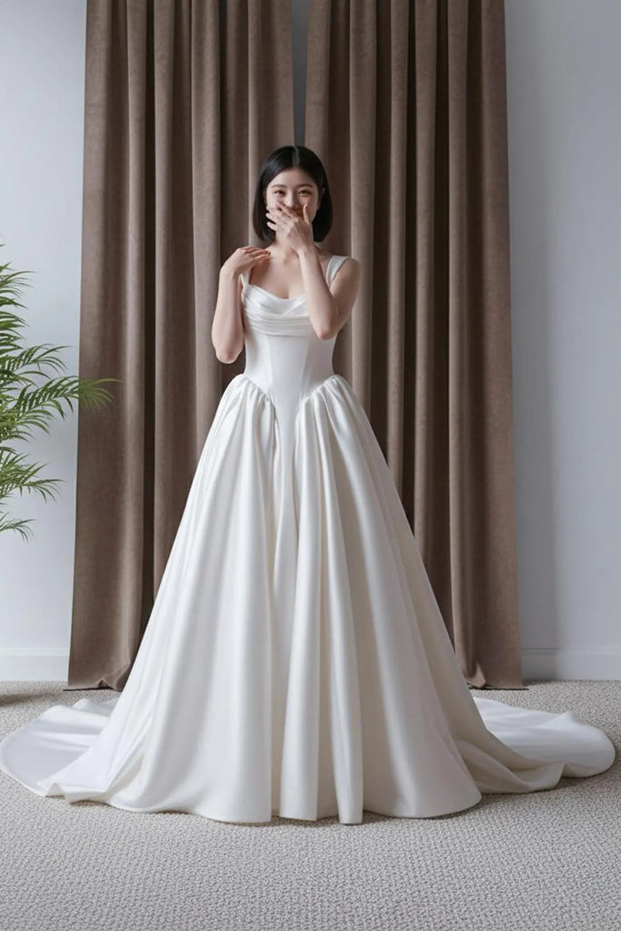 Simple Draped Corset Wedding Dress with Fuller Voluminous Satin Skirt US2 / White