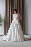 Simple Draped Corset Wedding Dress with Fuller Voluminous Satin Skirt-Pgmdress